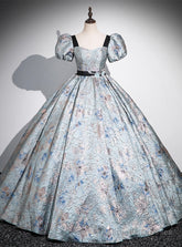 Blue Print Short Sleeve Sequare Neck Quinceanera Dress